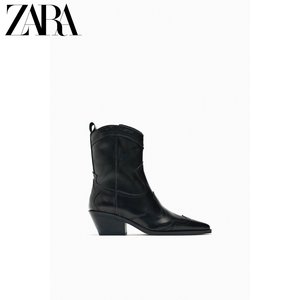 ZARA折扣季  女鞋 黑色拼接材质复古牛仔高跟短靴 211