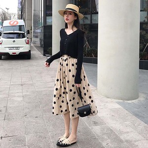 早春小个子网红套装复古小众波点半身裙外搭针织上衣两件套连衣裙