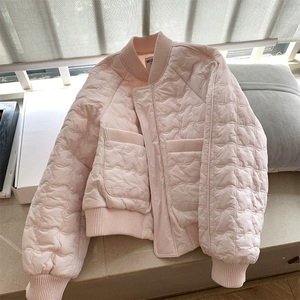 浅粉色方格立领拉链棉服棉衣女冬2023新款韩版棒球领宽松保暖外套