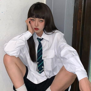 jk酷女孩穿搭中长款工装衬衫女设计感领带衬衣酷飒学院风长袖上衣
