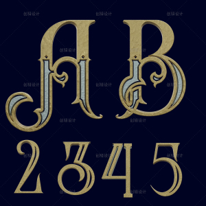 zm18金色立体哥特式英文字母数字字体png免扣设计素材