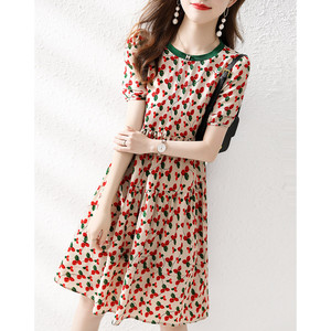 日本高端外贸出口尾单品牌剪标女装法式樱桃碎花气质显瘦连衣裙夏