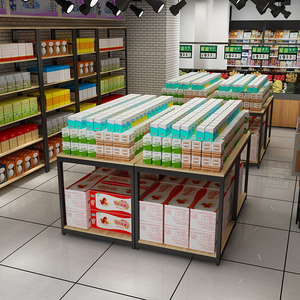 超市饮料堆头货架食用油钢木三层柜花车促销台便利店牛奶展示地堆
