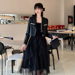 短皮衣外套女2022春款pu皮夹克小西装吊带蛋糕纱裙连衣裙两件套装