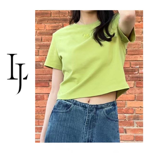 高品质～LJ设计师款字母圆领正肩短袖修身棉质T恤牛油果色上衣女
