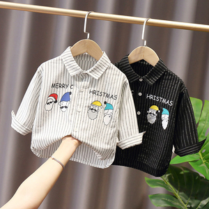 2023春秋韩版男童宝宝时尚竖条纹长袖衬衫婴儿童装冬加绒卡通上衣