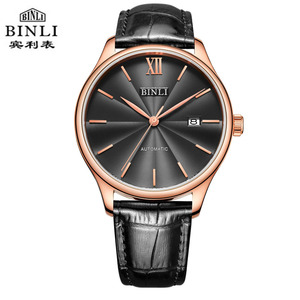 binli宾利手表男士休闲全自动机械表日历防水皮表带男表6075