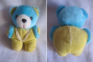 老娃娃收藏 怀旧早期 彩色小熊 条绒布娃娃布偶 蓝+黄 品佳12厘米