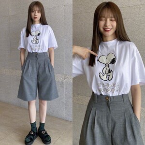 明星沈梦辰同款短袖t恤女夏季白色宽松史努比上衣高腰五分短裤子