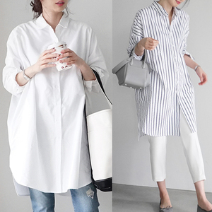 香港秋季2024新款白色衬衫休闲宽松bf风大版棉中长款长袖衬衣女装