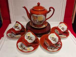 唐山70年代文革老喷彩中国珊瑚红瓷器成整套装鸳鸯戏水茶壶杯茶具