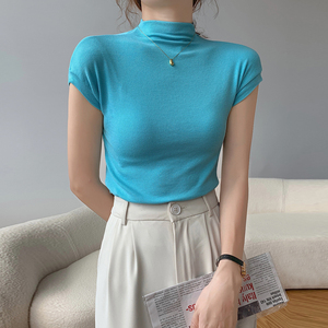蓝色半高领螺纹短袖T恤女夏季韩版气质修身显瘦短款打底小衫上衣