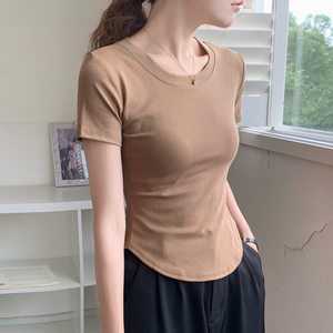 韩版修身纯色圆领短袖t恤女夏季2024新款不规则弧形打底小衫上衣
