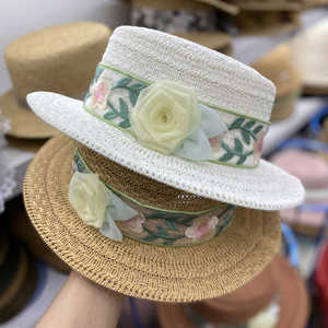 国潮风平顶小礼帽子女夏季户外出游防晒遮阳帽贴布花朵小清新草帽