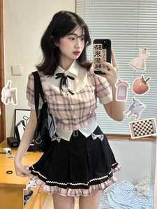 韩系jk制服学院风套装撞色假两件格子衬衫上衣百褶裙小个子两件套