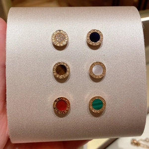 bvlgari宝格丽圆饼耳钉男18k玫瑰金男士耳环正品情侣女满钻黑玛瑙