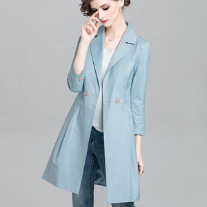 2024春秋新款蓝色九分袖女式外套修身收腰显瘦气质OL中长款风衣女