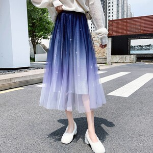 莎莎裙半身裙星空渐变色女春夏2022新款韩版百褶裙高腰显瘦纱裙s