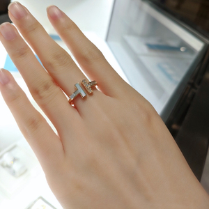 tiffany-蒂芙尼新款 双t白贝母戒指 18k玫瑰金 带钻开口戒指