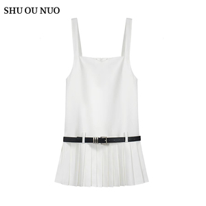 【现货】2024夏装新款白色吊带百褶裙女小众时髦连衣裙有腰带
