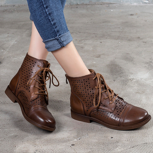 2021女夏季平底真皮带孔网眼高帮凉鞋女高腰纯牛皮镂空孔洞洞凉靴