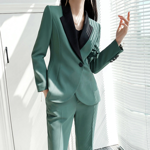 绿色西装外套女春秋款高级感艺考礼服播音主持人正装职业西服套装