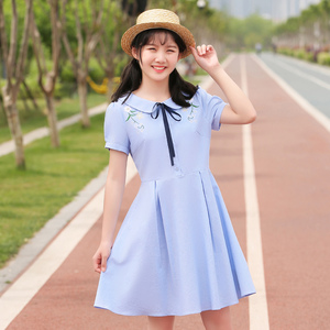 娃娃领连衣裙女夏天2018新款韩版中学生少女13-16岁学院风中长裙