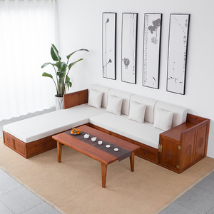 新中式老榆木实木沙发组合客厅转角贵妃榻布艺套装家具禅意简约