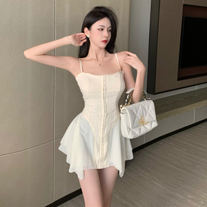 bza 棉麻吊带裙女法式气质不规则下摆收腰连衣裙短款裙子夏季新款