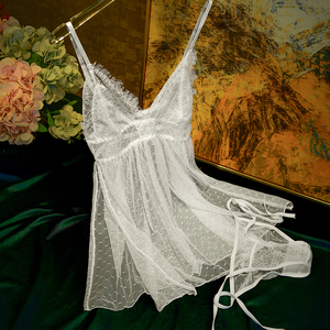 蜜桃霓裳包邮性感超短睡裙深v立体花网纱透明吊带睡衣诱惑小夜衣