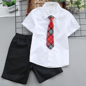 男童白衬衫黑裤子演出服夏季大童短袖儿童衬衣男孩小学生校服套装