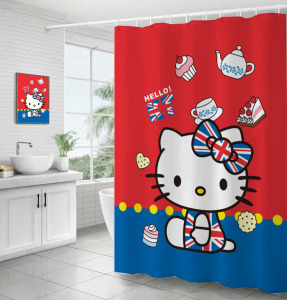 卡通kitty加厚涤纶防水防霉浴帘布浴室挂帘卫生间客厅隔断帘门帘