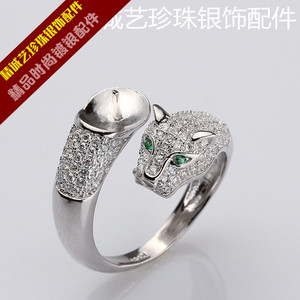 DIY配件 S925纯银豹子头戒指托 微镶水钻款 天然淡水珍珠搭配戒指