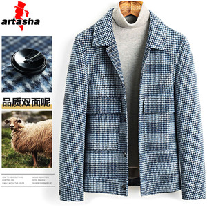 毛呢大衣男短款冬季韩版羊毛呢子外套无羊绒千鸟格男士双面呢夹克