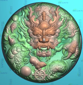 精雕图深雕龙牌霸气龙头电脑机雕图玉雕图正龙头圆牌望子成龙