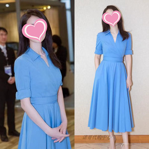 高圆圆明星同款V领小众设计感中长裙收腰显瘦蓝色衬衫仙女连衣裙