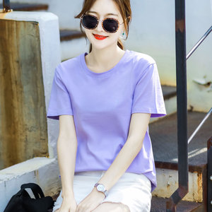 纯棉紫色t恤女短袖纯色宽松韩版打底全棉体恤衫百搭夏季半袖上衣