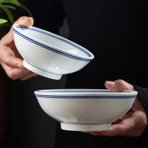 老式蓝边碗怀旧复古家用景德镇釉下彩白瓷碗饭碗汤碗菜碗商用面碗