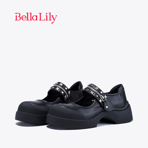 BellaLily初春新款魔术贴拉链玛丽珍鞋女牛皮单鞋复古小皮鞋