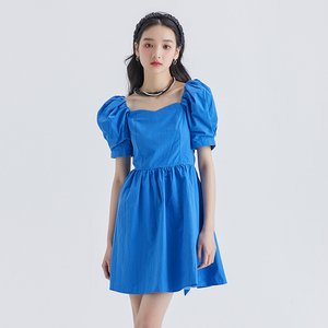 初恋系甜美蓝色方领泡泡袖连衣裙女夏季后背蝴蝶结收腰公主蓬蓬裙