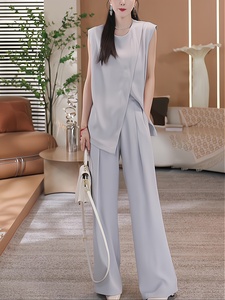 灰色时尚套装女2024新款简约休闲高端大气白领职业夏装搭配一整套