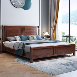 实木床新中式现代轻奢组合家用婚床胡桃木储物1.8米主卧双人床
