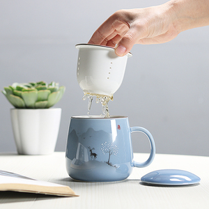 简约水杯家用陶瓷茶水分离泡茶杯子办公室茶道杯过滤带盖定制LOGO