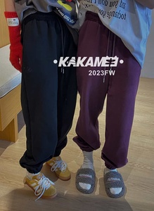 KAKAMEE冬季2023韩系刺绣百搭加绒束脚休闲裤女高腰系带运动卫裤