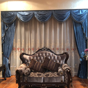 淡蓝色窗帘清新蓝欧式客厅奢华大气宫廷豪华别墅水波帘头0人付款78