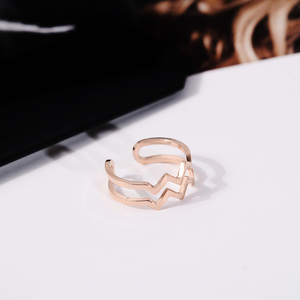 韩国钛钢镀18K玫瑰金开口戒指女日式轻奢指环个性心电图戒子饰品