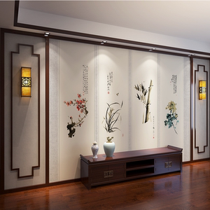 新中式梅兰竹菊客厅电视背景墙壁纸沙发国风墙布书房床头禅意壁画