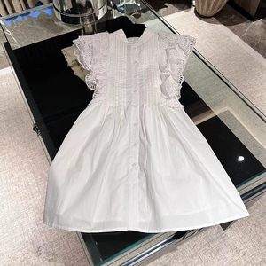 欧货重工白色蕾丝拼接衬衫式小飞袖连衣裙高级感设计师收腰a字裙