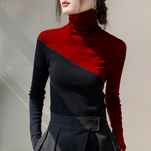 高领羊毛衫女2024冬新款贴身红色毛衣可外穿可内搭拼色打底衫上衣