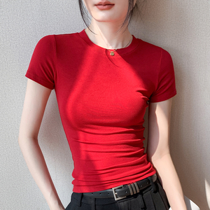 红色圆领T恤女2024夏季修身显瘦吸汗透气正肩衬衫内搭短袖打底衫